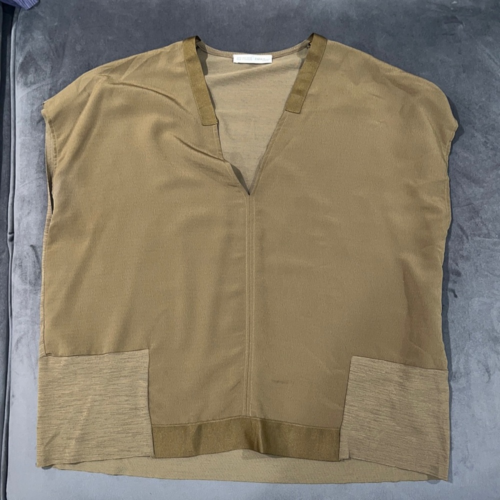 Zara olive green khaki short cap sleeve v neck blouse size S 🫒